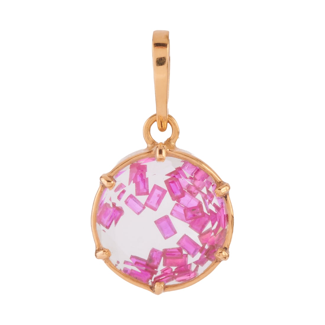 Ruby, 18k Yellow Gold Shaker Pendant. Featuring baguette-cut rubies, set inside a cut quartz shaker: Ruby, 18k Yellow Gold Shaker Pendant. Featuring baguette-cut rubies, set inside a cut quartz shaker pendant framed in an 18k yellow gold mounting and measuring approximately 13 mm. {Gross Weight: 2.2