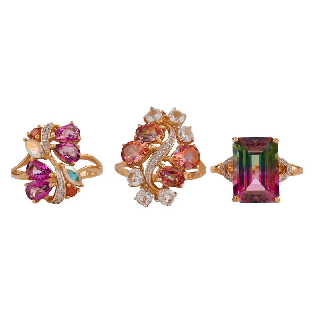 Collection of Three Treated Stone, 14k Yellow Gold Rings. Including one emerald-cut parti-colored (1 of 6)