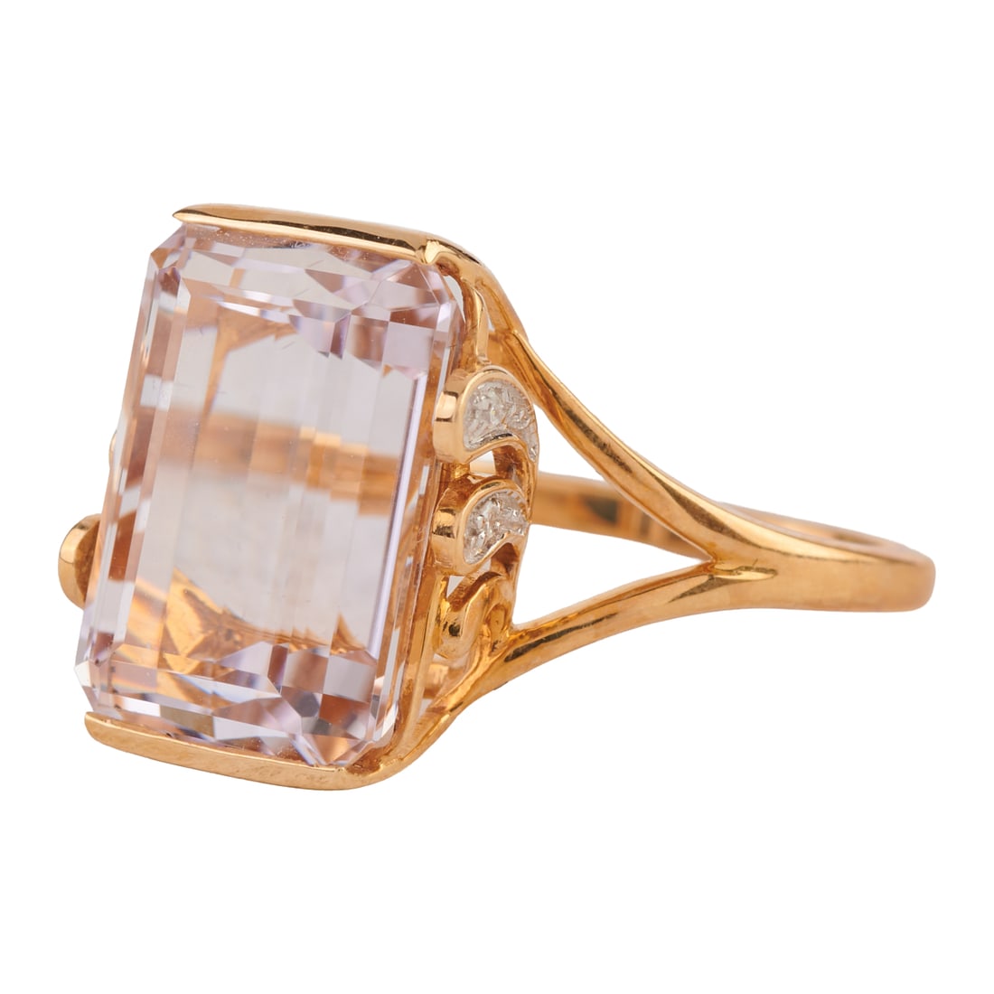 Kunzite, Diamond, 14k Yellow Gold Ring. Featuring one emerald-cut kunzite weighing approximately (1 of 5)