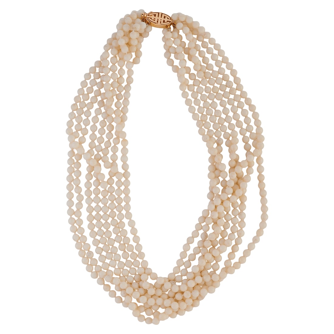 *Gump's White Coral, 14k Yellow Gold Necklace. Comprised of numerous round 5 mm white coral beads, (1 of 4)