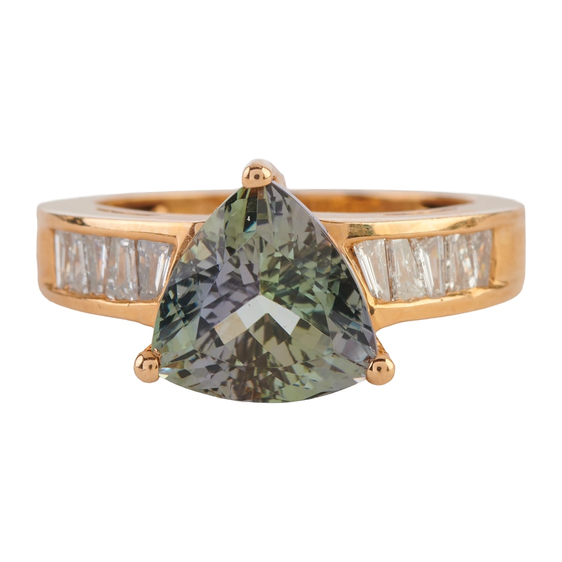 Zoisite, Diamond, 14k Yellow Gold Ring. Featuring one triangular-cut zoisite weighing approximately (1 of 4)