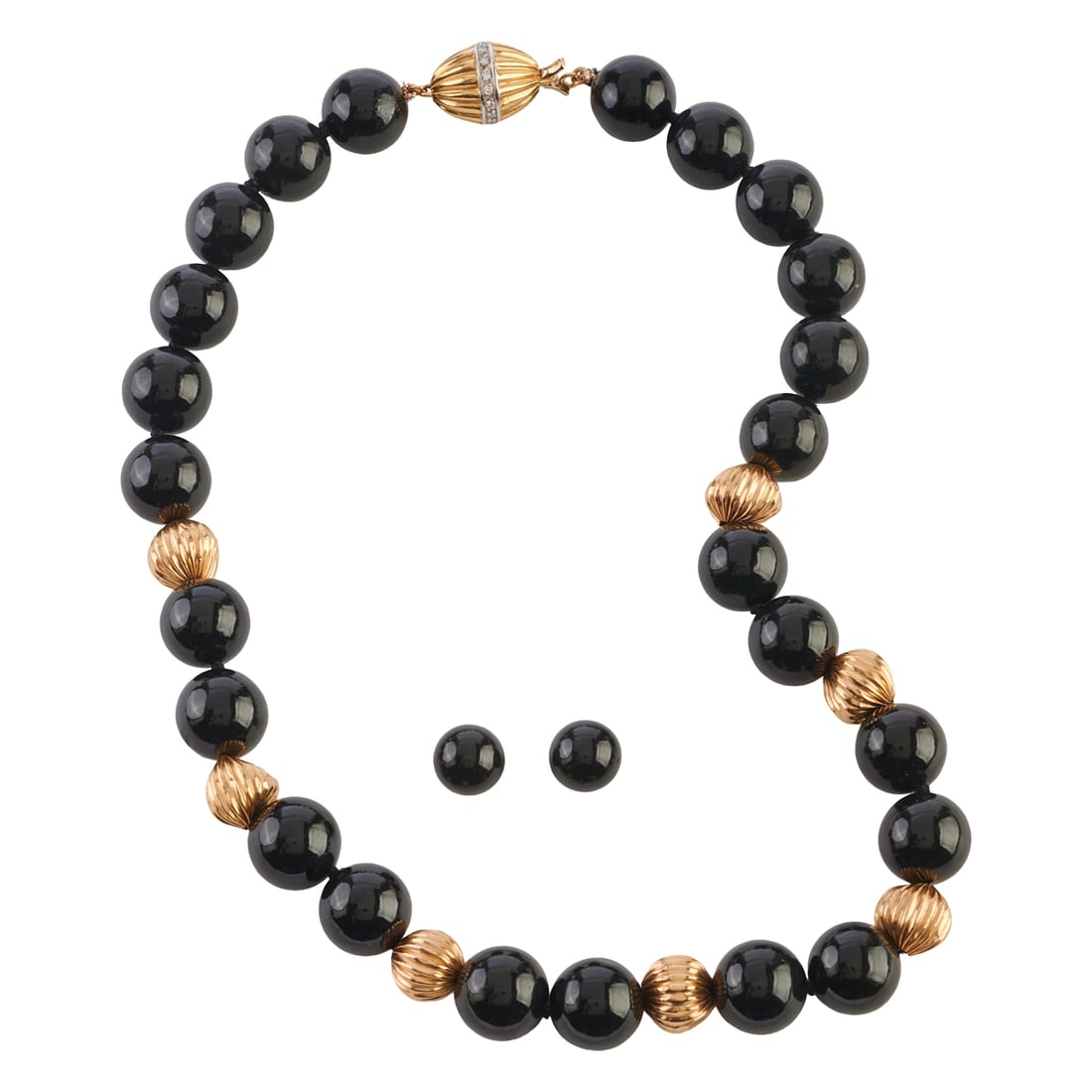 Black Onyx, Diamond, 18k, 14k Yellow Gold Jewelry Suite. Including one 13 mm black onyx bead,: Black Onyx, Diamond, 18k, 14k Yellow Gold Jewelry Suite. Including one 13 mm black onyx bead, diamond, 18k, 14k yellow gold 16 1/2 inch necklace together with a pair of 10 mm black onyx bead, 14k yell
