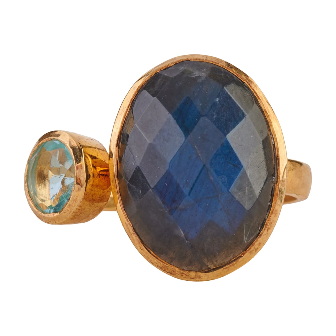 Labradorite, Blue Topaz, Vermeil Cuff Ring. Featuring one oval shaped, faceted-top labradorite, (1 of 4)