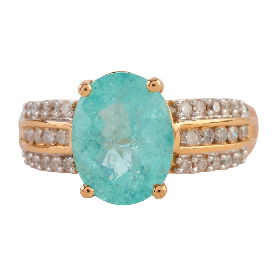 Paraiba Colored Tourmaline, Diamond, 14k Yellow Gold Ring. Featuring one oval-cut, faceted-top (1 of 4)