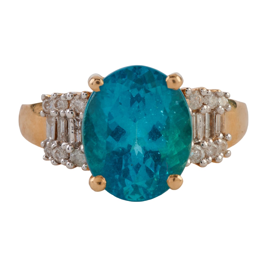 Apatite, Diamond, 14k Yellow Gold Ring. Featuring one oval-cut apatite weighing approximately 4.45 (1 of 4)