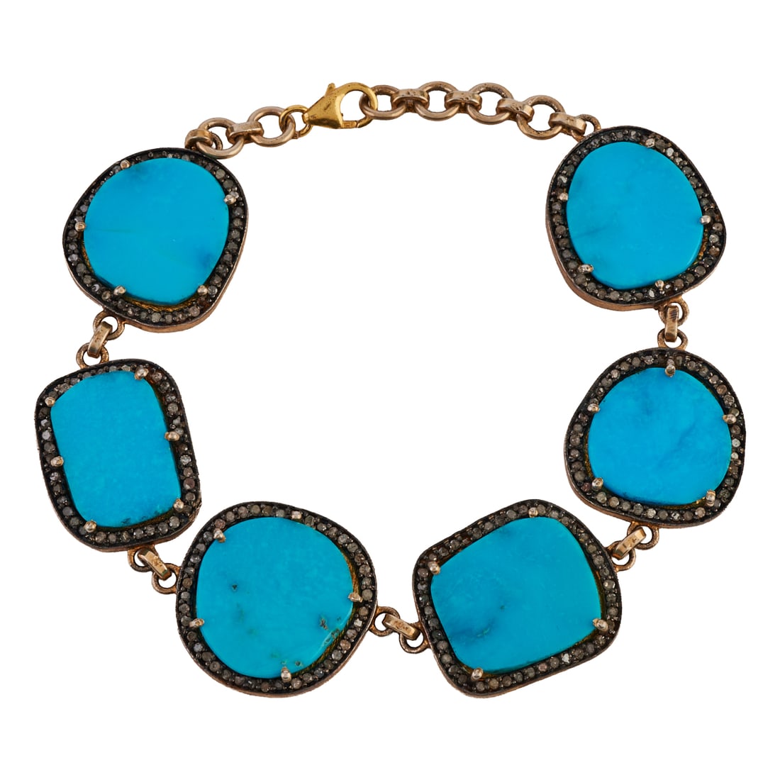 Turquoise, Diamond, Vermeil Bracelet. Featuring six turquoise tablets measuring approximately 15 mm,: Turquoise, Diamond, Vermeil Bracelet. Featuring six turquoise tablets measuring approximately 15 mm, accented by round-cut diamonds, set in an oxidized silver and vermeil mounting, completed by a lobs