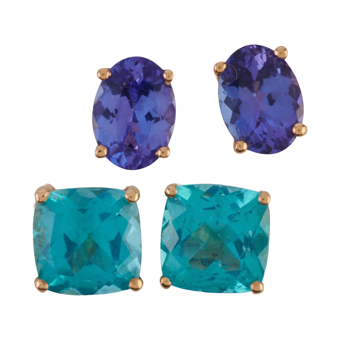 Two Pairs of Apatite, Tanzanite, 14k, 10k Yellow Gold Stud Earrings. Including one pair of oval-cut (1 of 5)