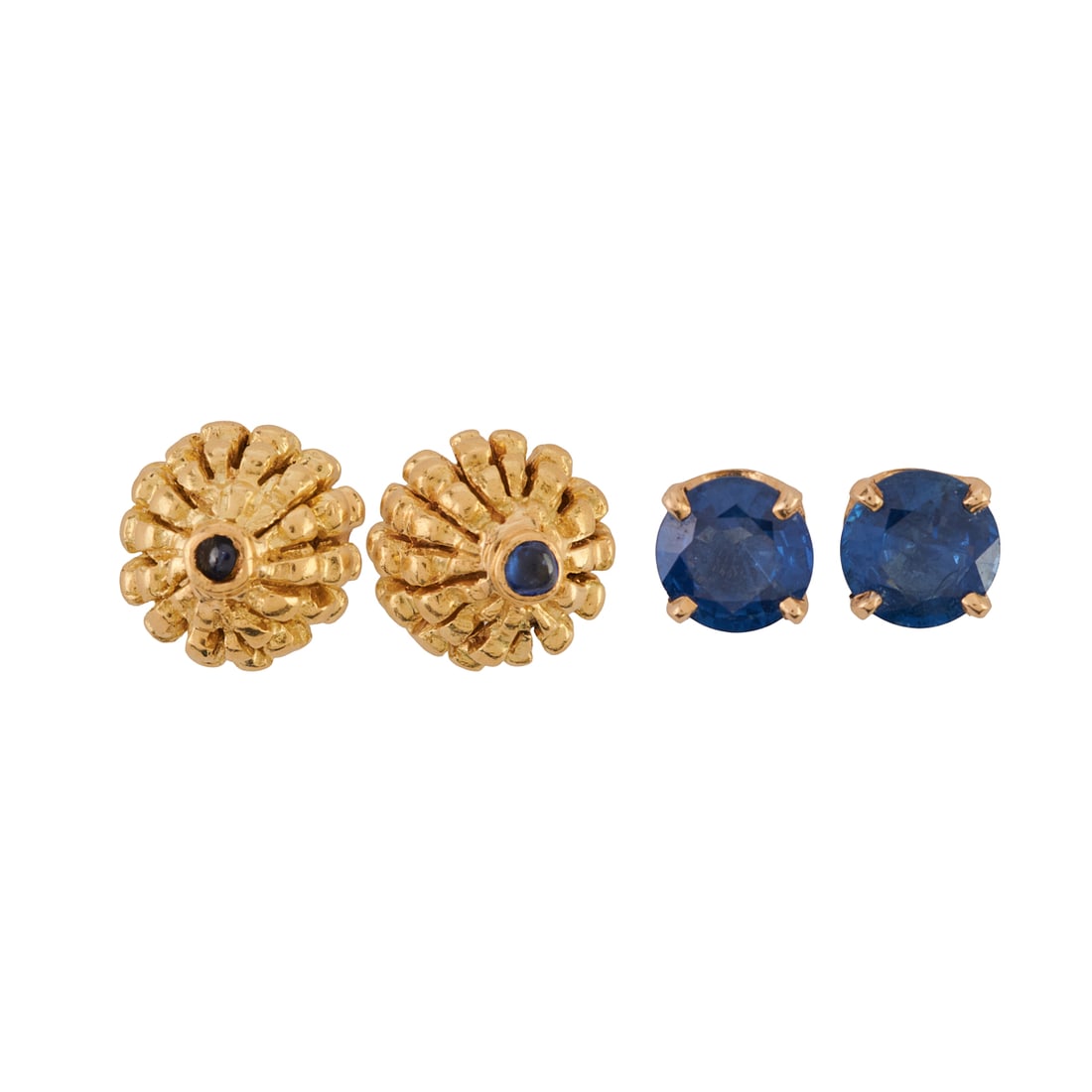 Two Pairs of Sapphire, 14k Yellow Gold Stud Earrings. Including one pair of 6 mm round-cut sapphire, (1 of 5)