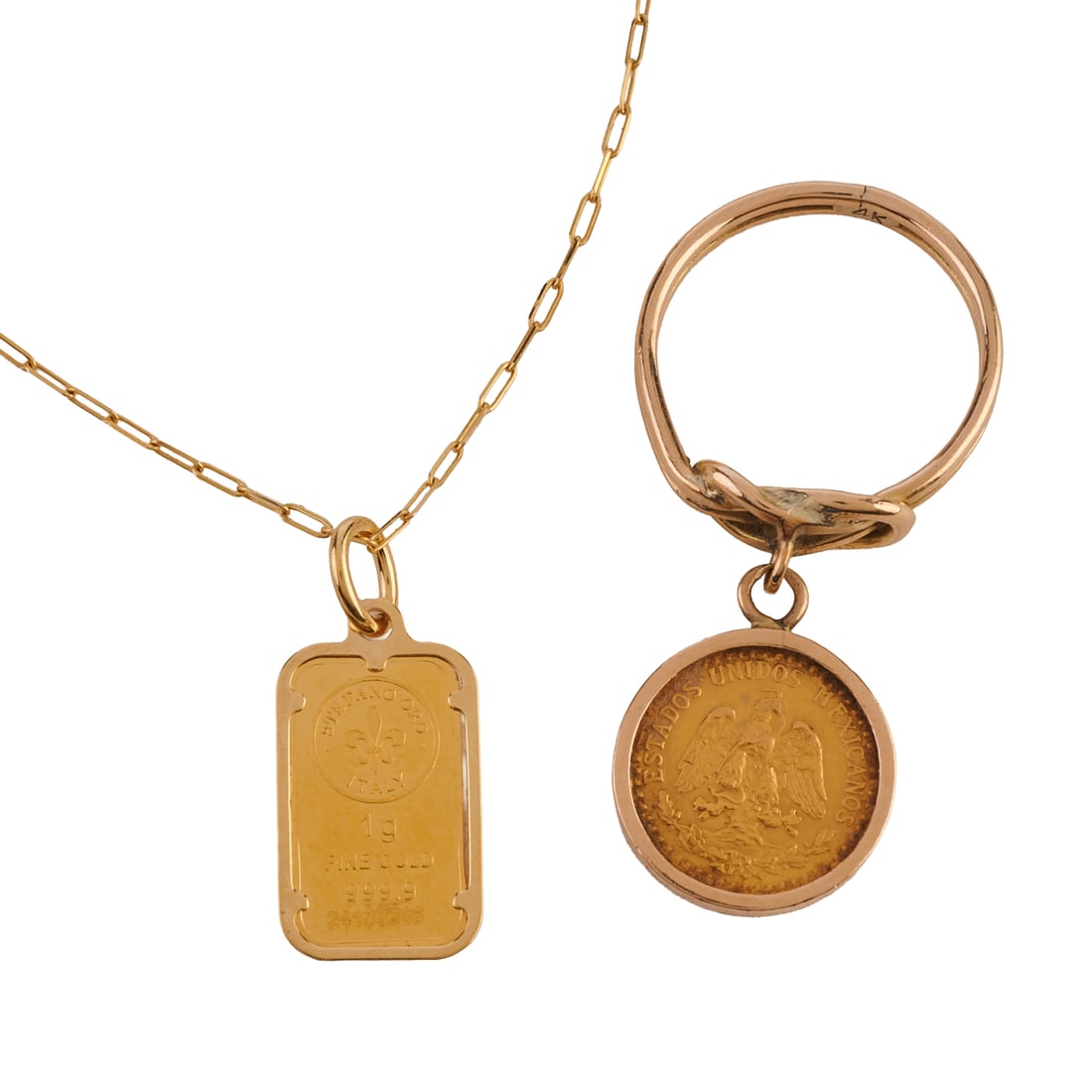 Two Italian Ingot, Dos Pesos Gold Coin, 14k Yellow Gold Jewelry Items. Including one Italian 1 gram (1 of 3)