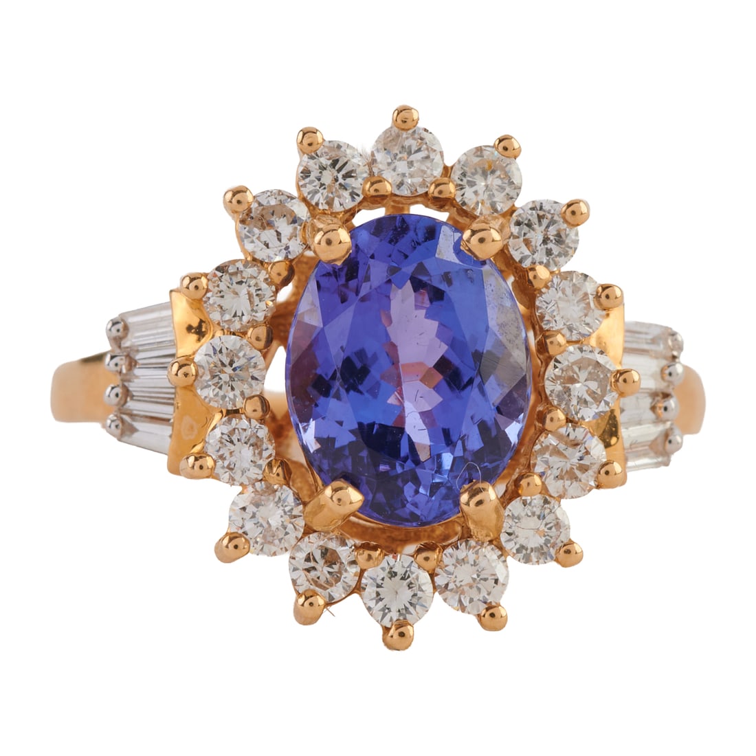 Tanzanite, Diamond, 14k Yellow Gold Ring. Featuring one oval-cut tanzanite weighing approximately (1 of 4)