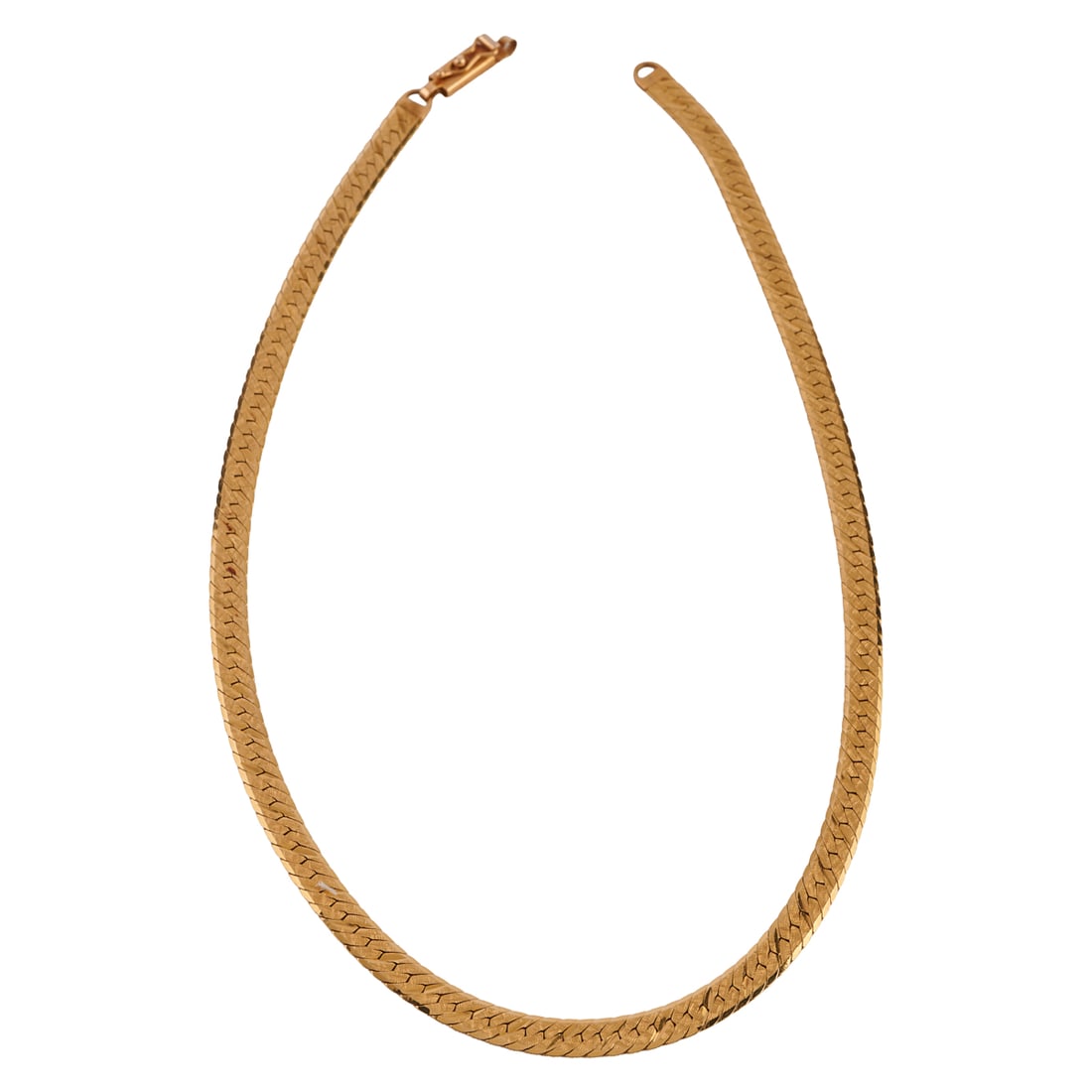14k Yellow Gold Necklace. The 14k yellow gold patterned herringbone link measuring approximately 5: 14k Yellow Gold Necklace. The 14k yellow gold patterned herringbone link measuring approximately 5 mm in width, completed by a clasp with figure eight safety, forming a 16 inch necklace. {Gross Weight
