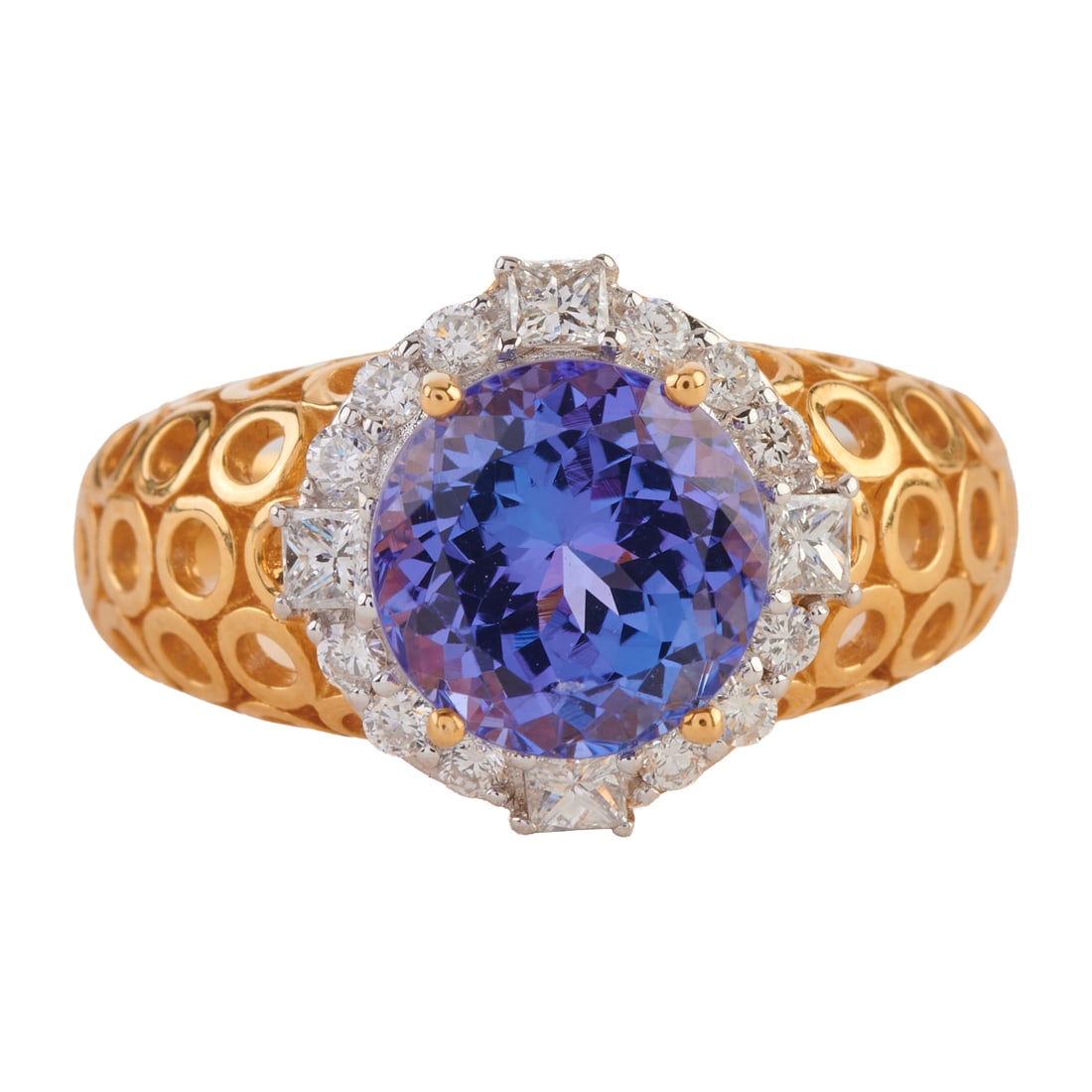 Tanzanite, Diamond, 18k Yellow Gold Ring. Featuring one round-cut tanzanite weighing approximately (1 of 4)