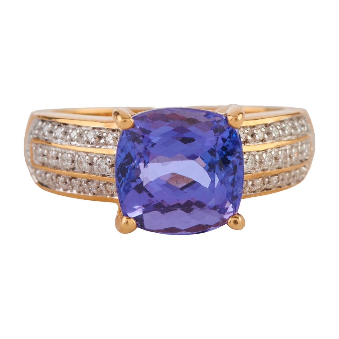 Tanzanite, Diamond, 18k Yellow Gold Ring. Featuring one cushion-cut tanzanite weighing approximately (1 of 4)