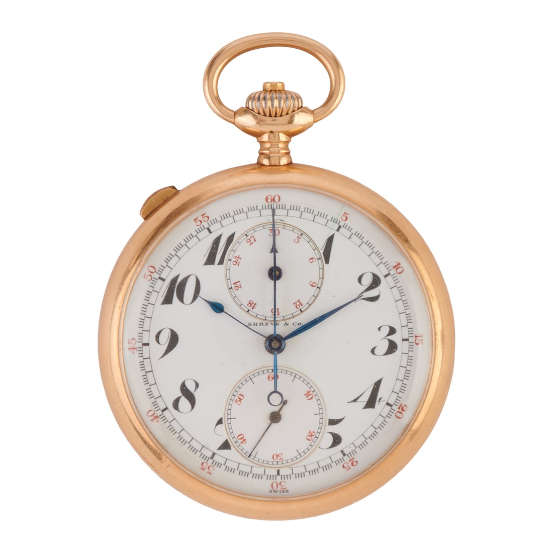 Shreve & Co. 14k Yellow Gold Chronograph Pocket Watch. DIAL: Round, white, black Arabic numeral (1 of 5)