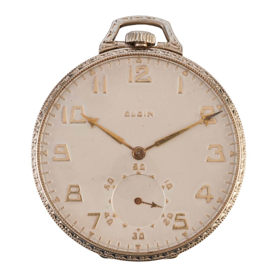 Elgin 14k White Gold Pocket Watch. DIAL: Round, silver, silver Arabic numeral hour markers, silver (1 of 6)