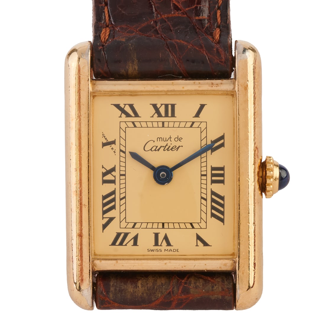 Must De Cartier Vermeil, Leather Wristwatch. DIAL: Rectangle, gold, black Roman numeral hour (1 of 6)