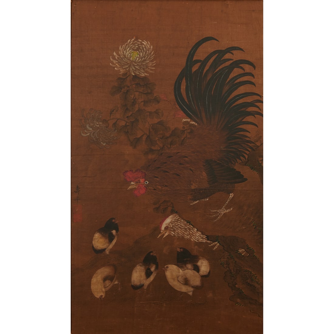Chinese Ink and Color on Silk Painting of a Rooster and ChicksRepublic PeriodFinely executed in ink: Chinese Ink and Color on Silk Painting of a Rooster and ChicksRepublic PeriodFinely executed in ink and color on silk, the painting depicts a proud rooster standing upon a rocky outcropping