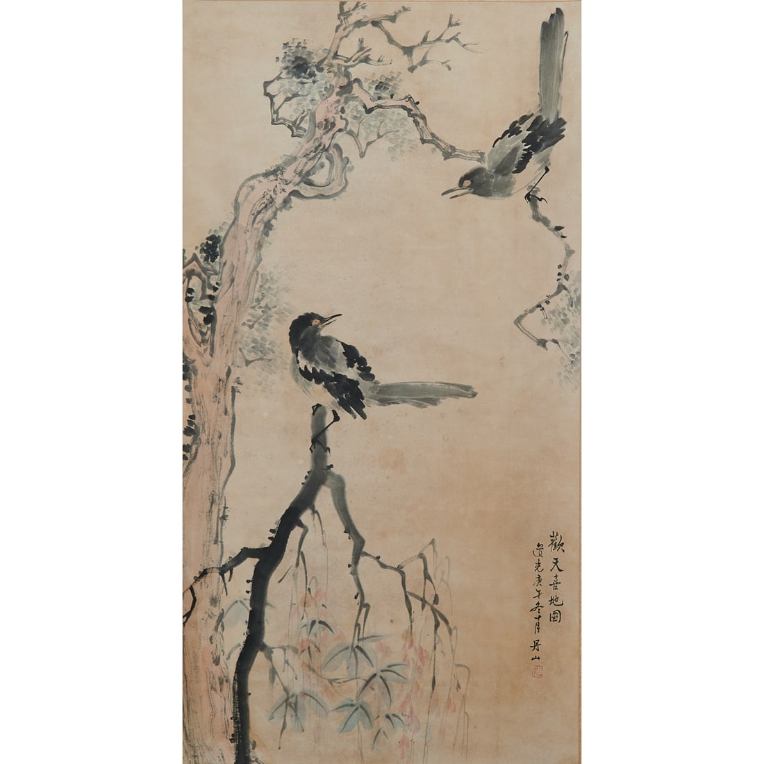 He Danshan (1807-1875)Joyous Celebration SceneHanging Scroll, Ink and Color on PaperThis elegant: He Danshan (1807-1875)Joyous Celebration SceneHanging Scroll, Ink and Color on PaperThis elegant hanging scroll depicts a pair of magpies perched amid the branches of a flowering silk tree (hehuan), a