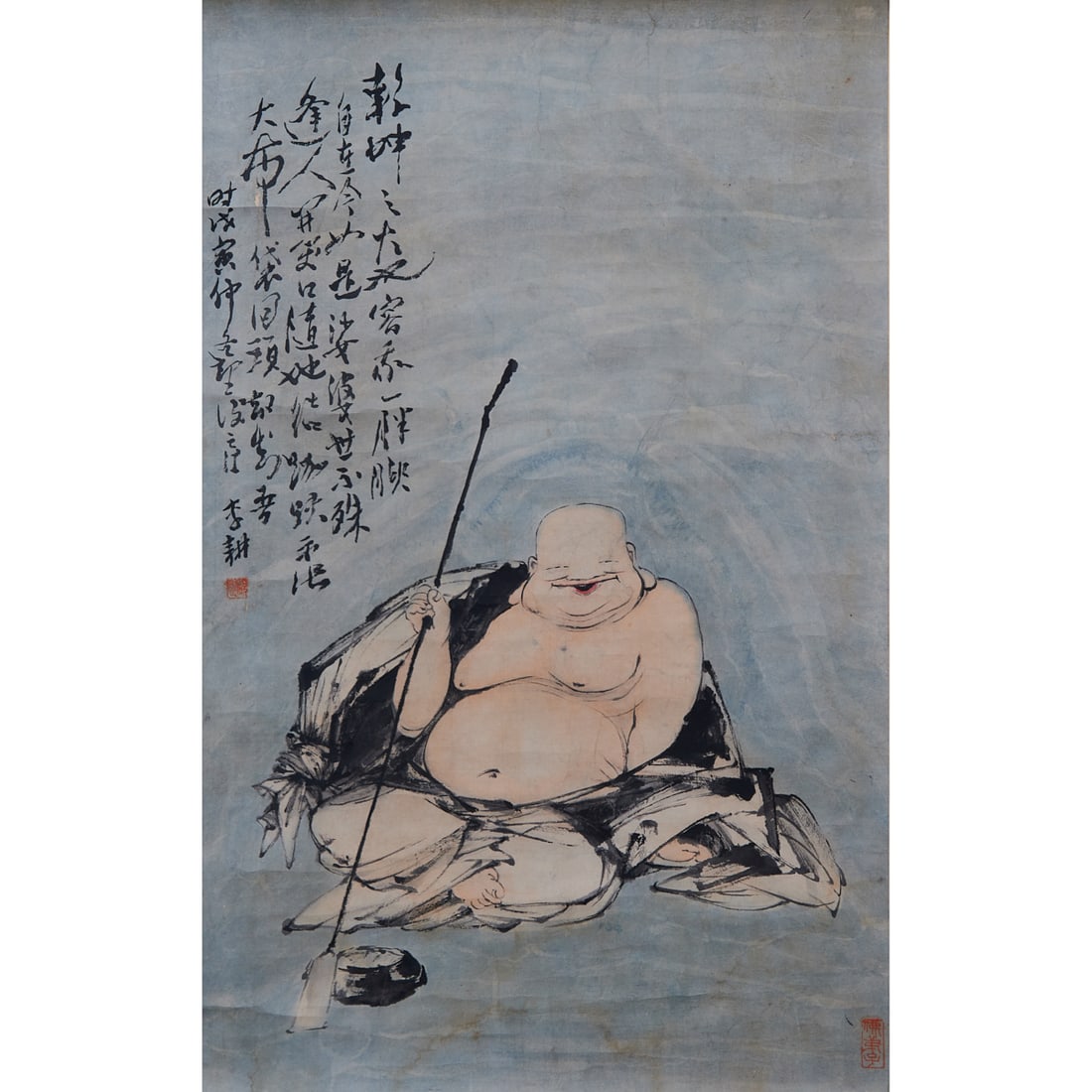 Li Geng (1885-1964)Laughing Buddha (Budai Monk), 1938Ink and color on paper? Hanging Scroll.Li: Li Geng (1885-1964)Laughing Buddha (Budai Monk), 1938Ink and color on paper? Hanging Scroll.Li Geng was one of the most influential painters to emerge from Xianyou, Fujian..Widely regarded as a