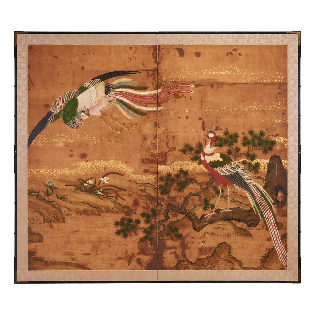 A Japanese Two-Panel Screen Depicting a Pair of PhoenixesLate Edo Period, circa 1800-1868Executed in (1 of 3)
