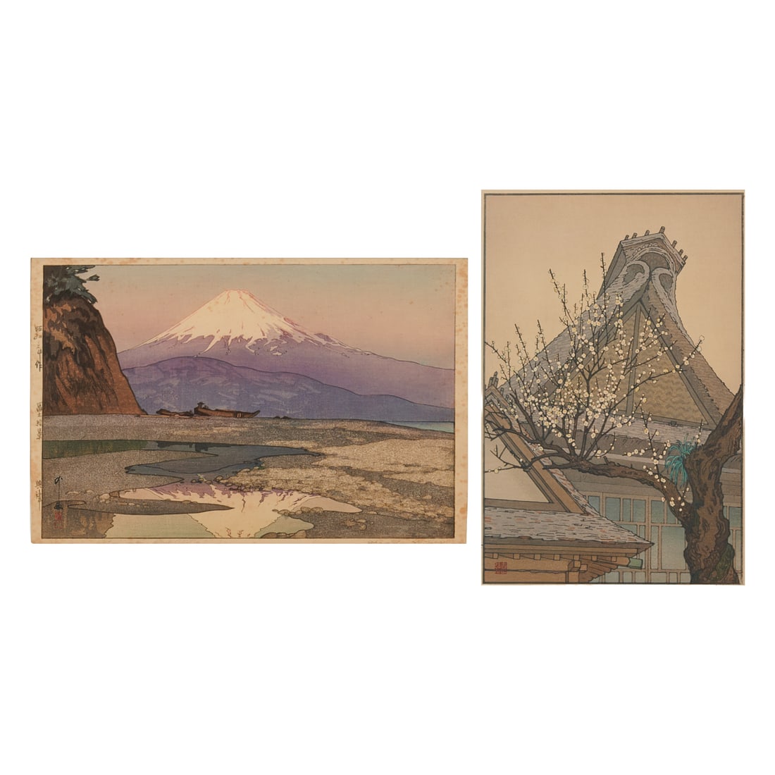 Two Yoshida Family Woodblock Prints(a) Hiroshi Yoshida (1876-1950)Fujiyama from Okitsu, from the: Two Yoshida Family Woodblock Prints(a) Hiroshi Yoshida (1876-1950)Fujiyama from Okitsu, from the series Ten Views of Mt. Fuji(b) Toshi Yoshida (1911-1995)White Plum in the FarmyardEach signed and titl