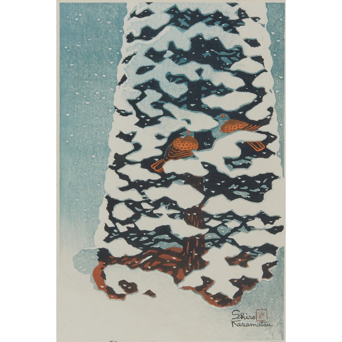 Shiro Kasamatsu (Japanese, 1898-1991), Birds in Snowy Tree, 1958, signed and sealed in: Shiro Kasamatsu (Japanese, 1898-1991), Birds in Snowy Tree, 1958, signed and sealed in plate,.numbered in pencil 94/100 and stamped with red seal in low margin..{H 14 5/8 x W 9 5/8.inches (37.1.x 24.4