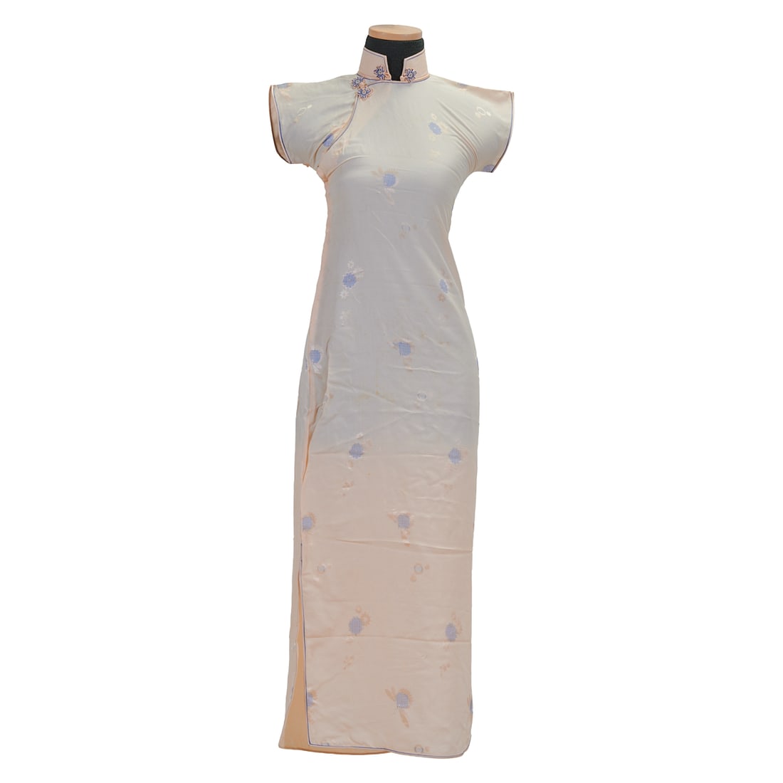 Ivory Silk Satin Qipao with Blue Floral Motifs Made in Shanghai, Republic Period, circa (1 of 4)