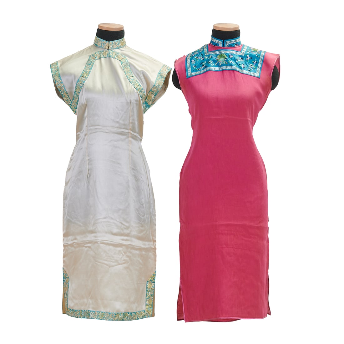 Two Chinese Pink and Cream Silk Qipaos, 1937-1945: (Left):Cream Silk Qipao with Turquoise Floral Brocade TrimMade in Shanghai, Republic Period, circa 1935–1945Material: SilkApproximate Measurements: Shoulders: 17 1/3 inches (44 cm), Length (Collar t