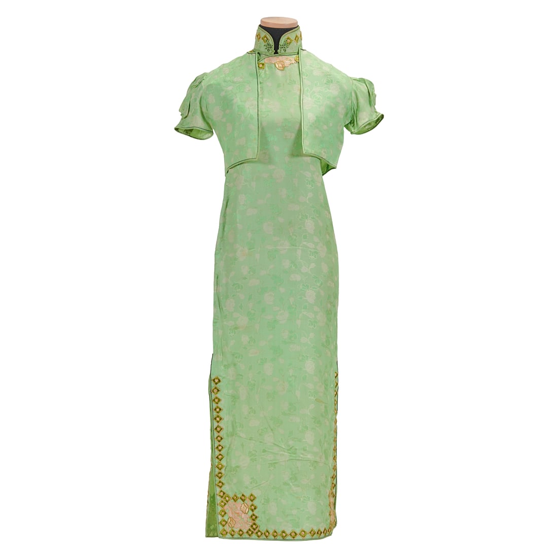 Chinese Green Silk Damask Qipao with Matching Capelet Made in Shanghai, Republic Period, (1 of 8)