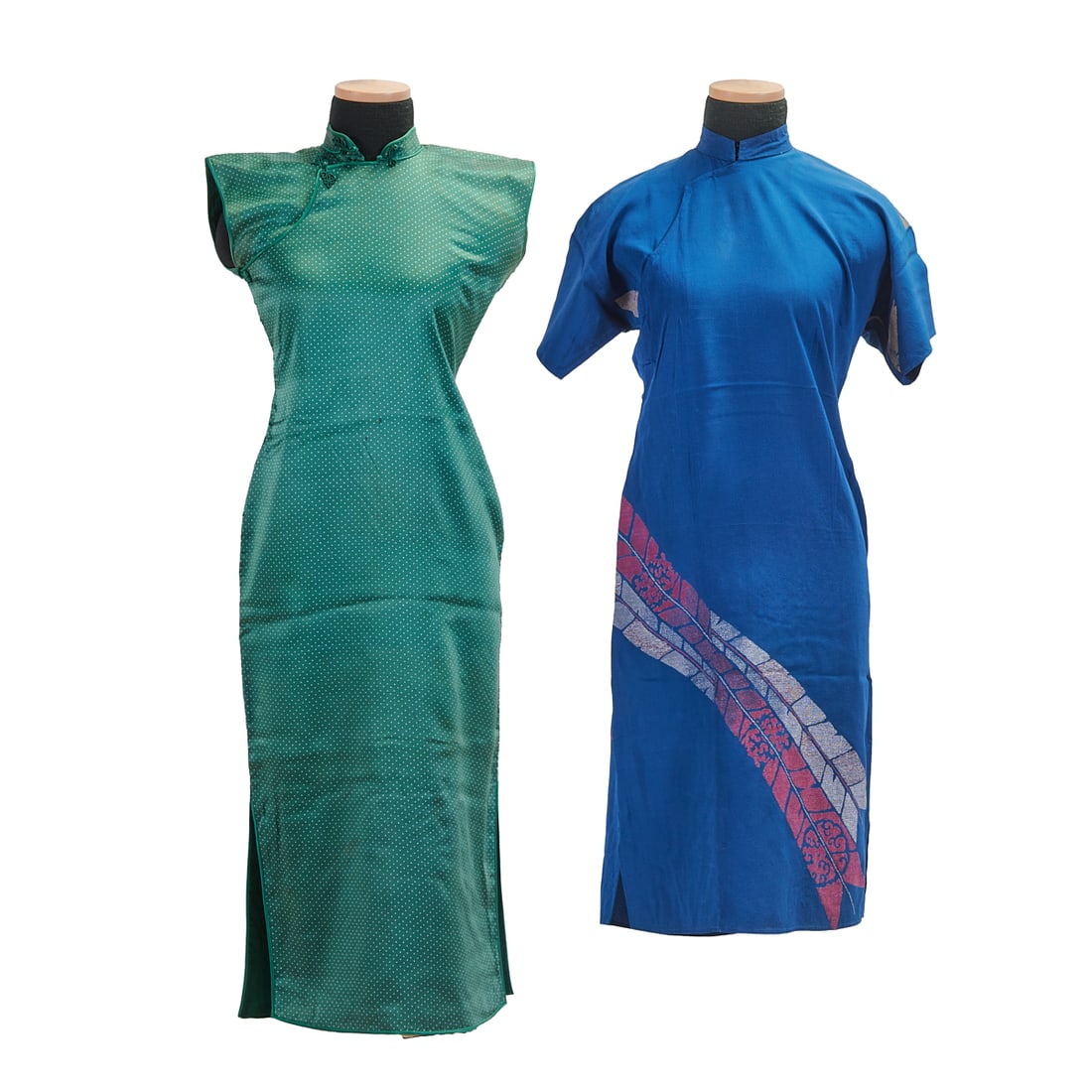 (Left) Green Polka-Dot Silk Qipao Made in Shanghai, Republic Period, circa 193 7: (Left) Green