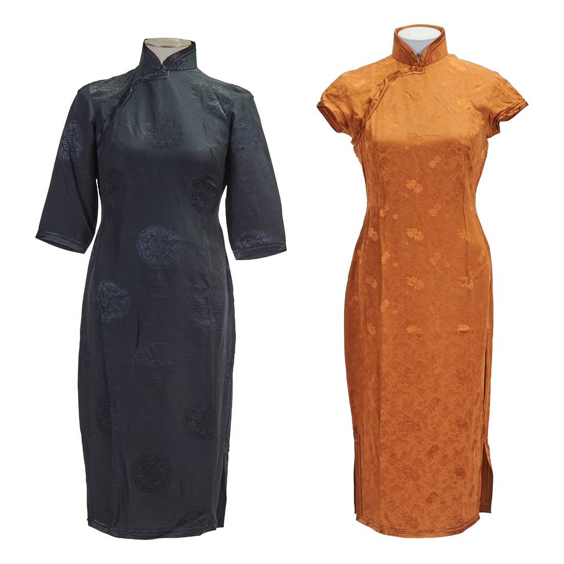 (Left): Black Silk Double Happiness Qipao Hong Kong, circa 1950s-1960s Material: Black: (Left): Blac