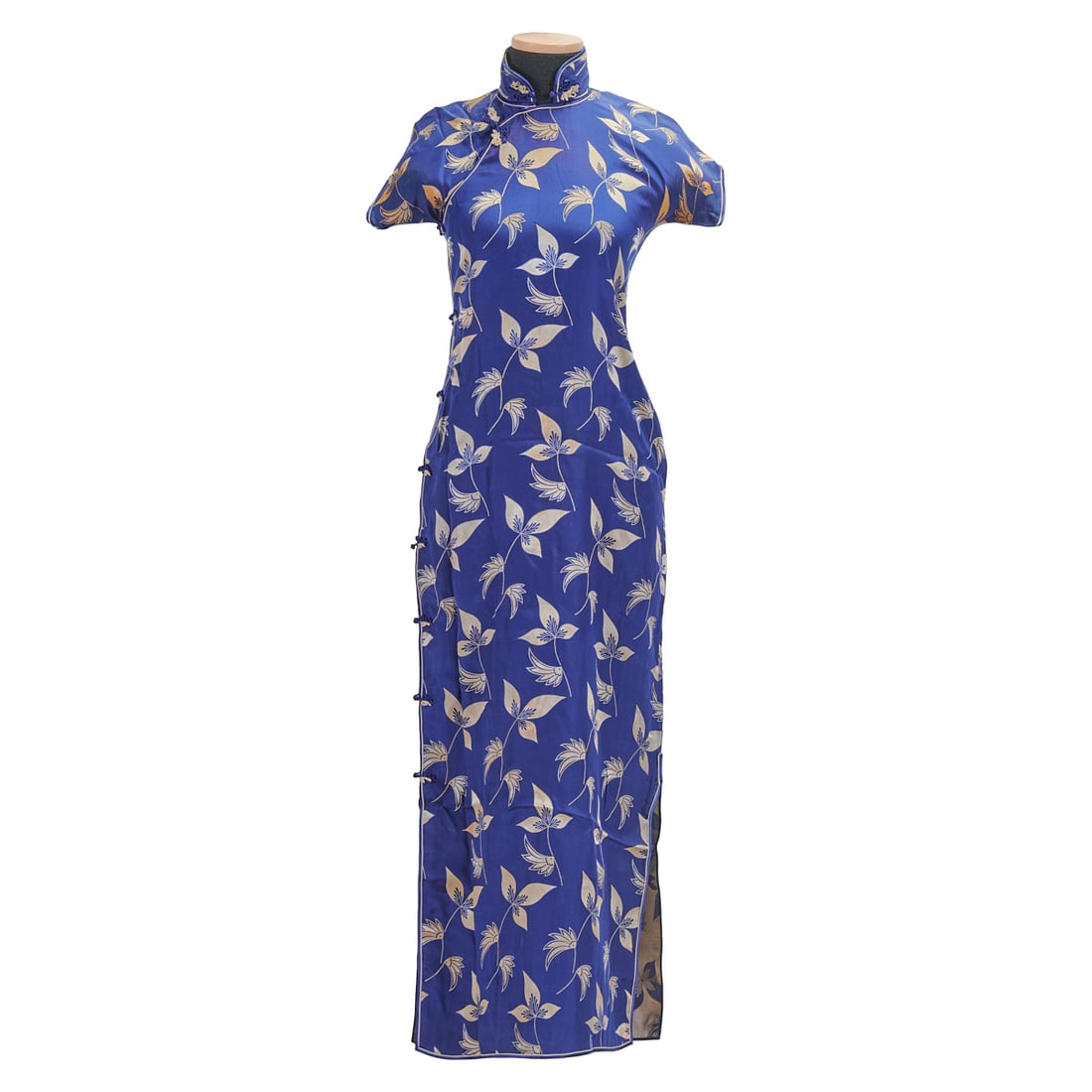 Blue Silk Satin Qipao with White Floral Design, 1932-1934 (1 of 4)