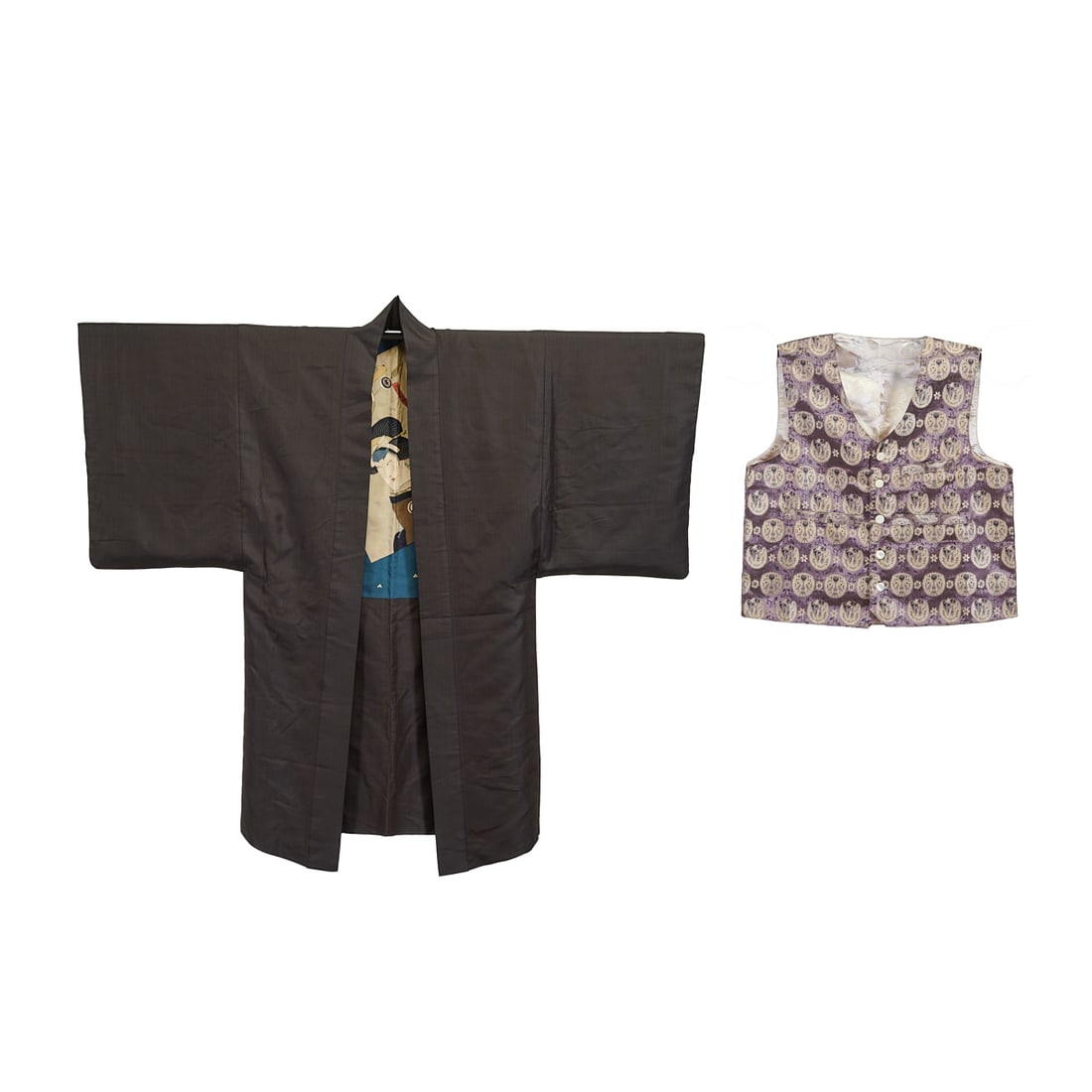 Two Japanese Male Dress (Vest and Jacket). {Robe: L 44 inches.(111.7 cm)}. (1 of 9)