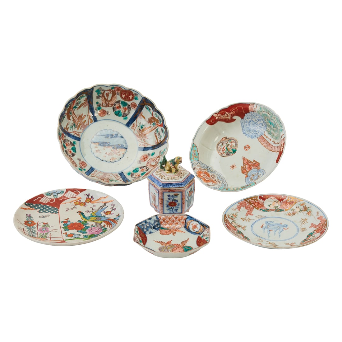 Group of Japanese Imari Porcelain A charming group of Japanese Imari porcelain comprising a covered (1 of 6)