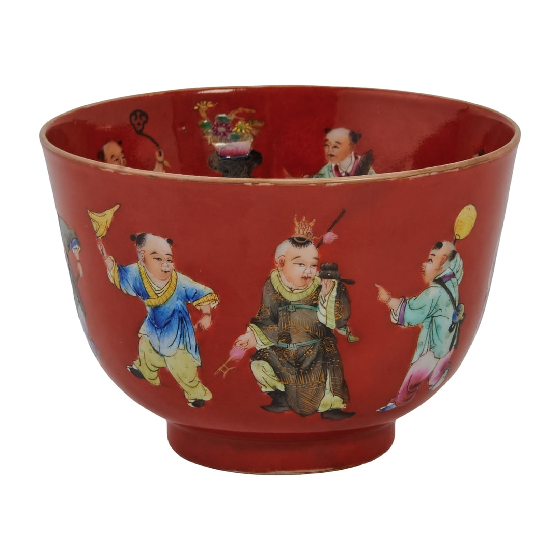 Chinese Famille Rose Red Ground 'One Hundred Children' Bowl Republic Period, bearing a Jiaqing