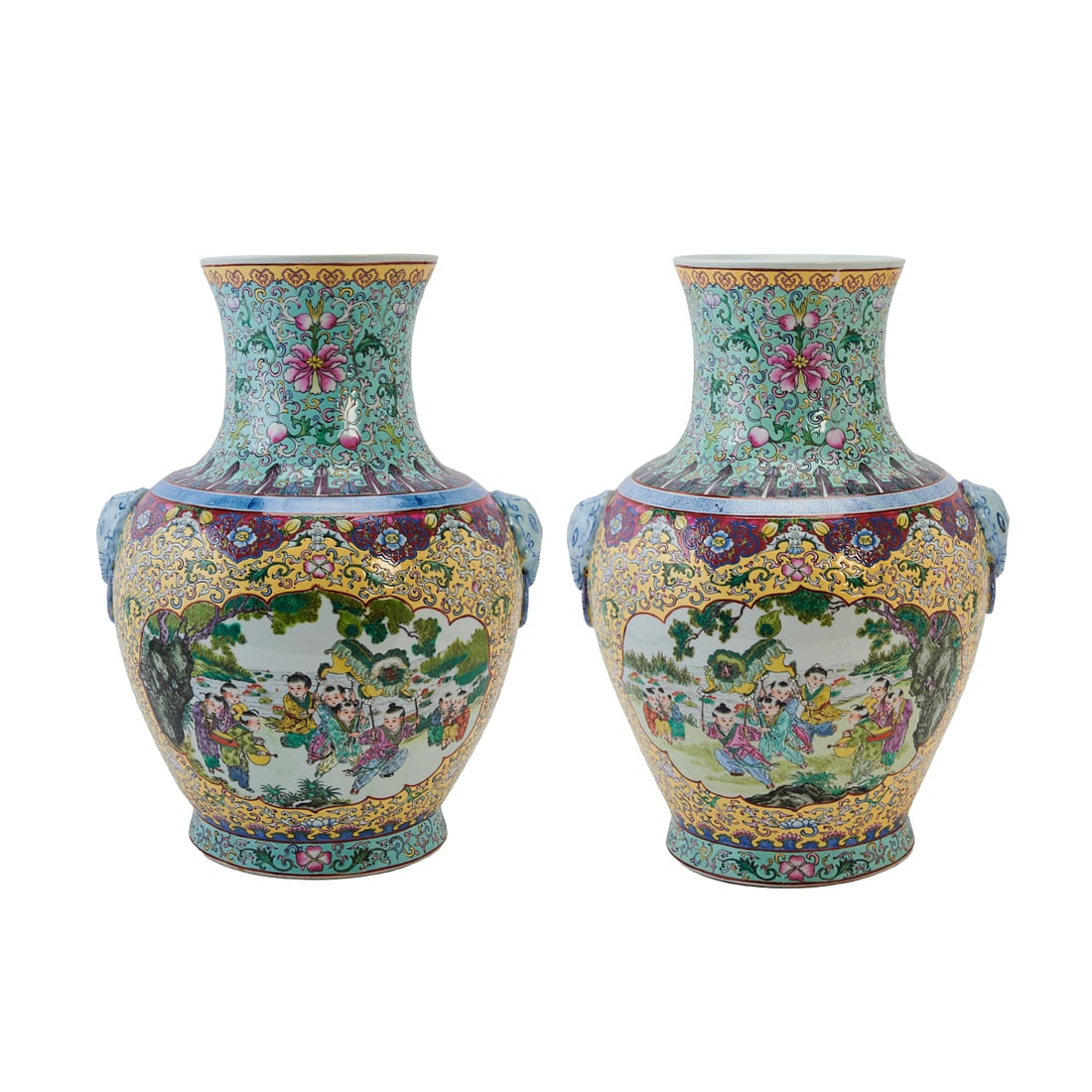 Pair of Chinese Famille Rose Porcelain Hu Vase, 20th Century..{Each: H 22 3/4.x W 20 3/4 inches.: Pair of Chinese Famille Rose Porcelain Hu Vase, 20th Century..{Each: H 22 3/4.x W 20 3/4 inches. (55.8 x 50.8cm)}.