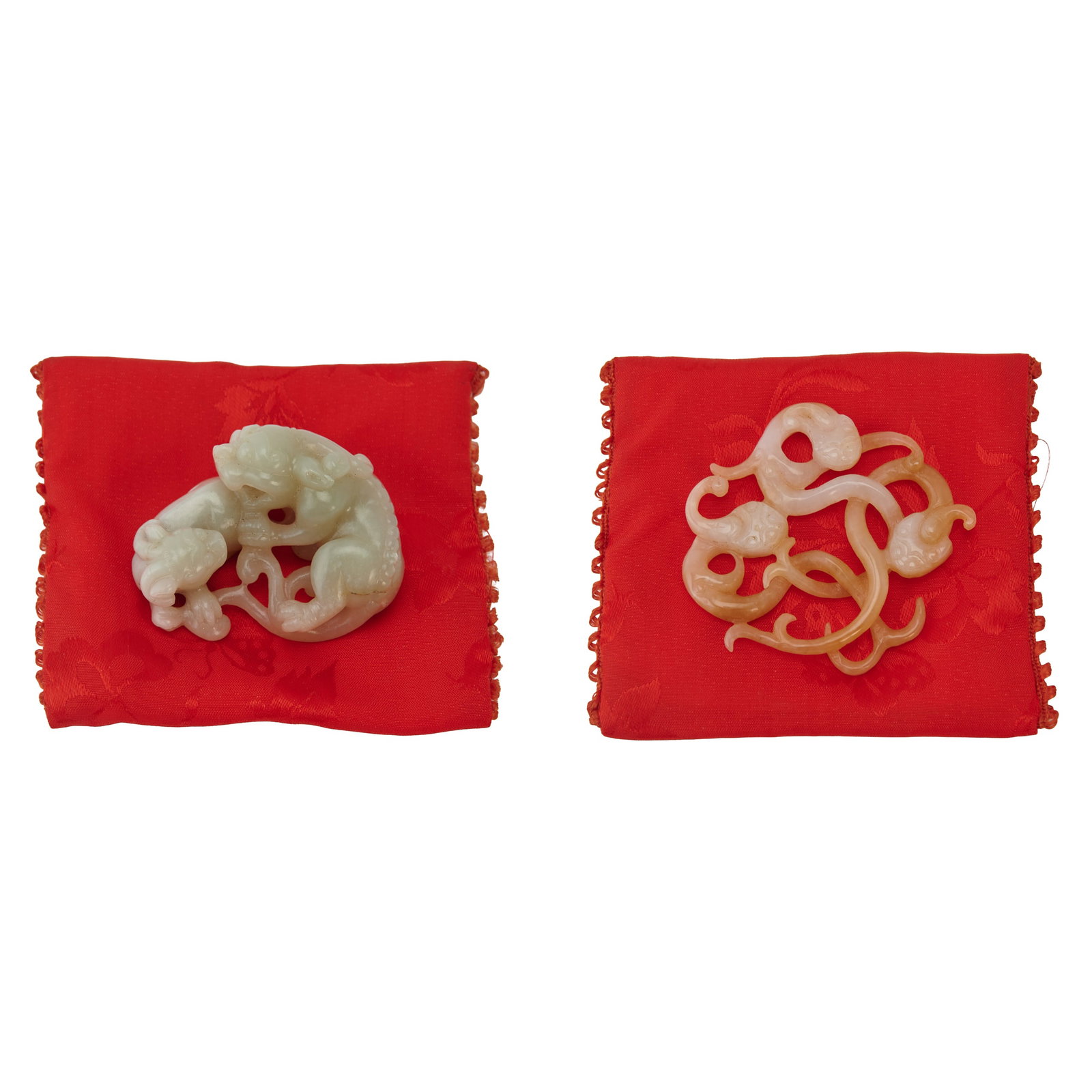 Chinese Jade Carved Foliate Decoration in red pouch..{Diameter: 2 1/4 inches (5.7 cm)}..Chinese (1 of 6)