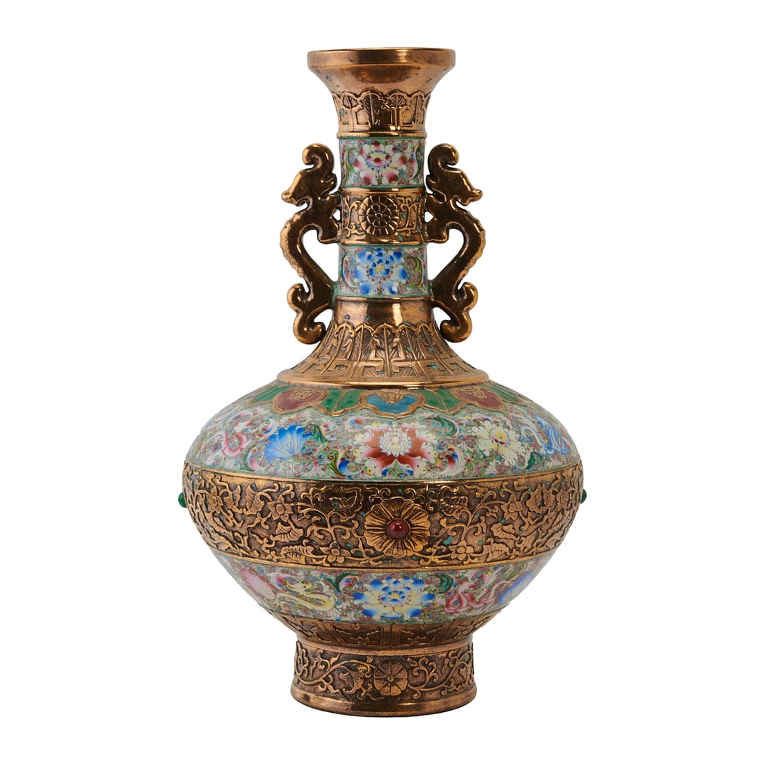 Chinese Gilt Metal and Cloisonné Enamel Vase, of baluster form with a broad rounded body: Chinese Gilt Metal and Cloisonné Enamel Vase, of baluster form with a broad rounded body rising to a tall neck flanked by stylized dragon-form handles. The surface is richly decorated with poly
