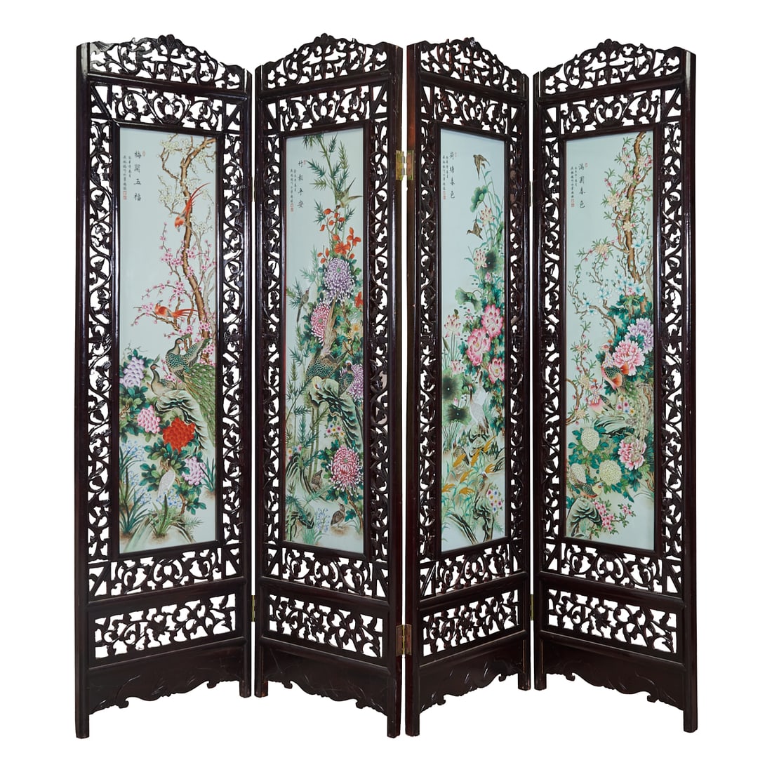 Large Chinese Hardwood Four-Panel Screen with Porcelain Plaques Wu Yuming Dated 2003 This (1 of 3)