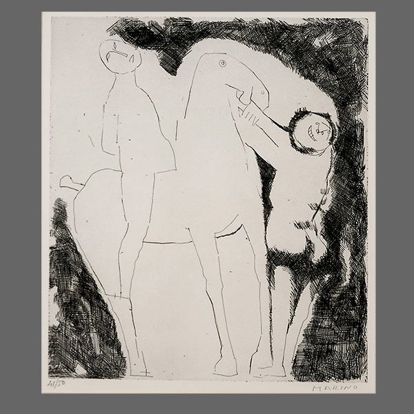MARINO MARINI "Horse and Figures" Etching : MARINO MARINI (Italian 1901-1980) "Horse and Figures" Etching on paper. Plate: 13.75 X 11.5 inches/ 35 x 29.2 centimeters. Signed lower right "Marini" Numbered lower left "41/50" Frame: 23 x 19.25 inc