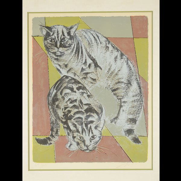 HANS ERNI "Deux Chats" Lithograph on paper: HANS ERNI (Swiss b.1909) "Deux Chats" Lithograph on paper. Image: 20.75 x 16.25 inches/ 52.7 x 41.3 centimeters. Signed in pencil lower right "Erni" Numbered lower left "64/150" Frame: 29.75 x 24.25 i