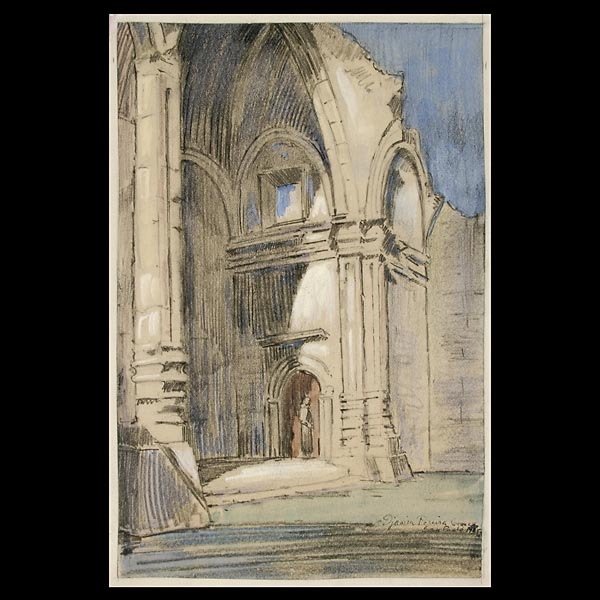 DJANIRA GOMEZ "Cathedral" : DJANIRA PEREIRA GOMEZ (Brazilian 1914-1979) "Cathedral, Sao Paolo, 1935" Charcoal & guache on paper. Image: 10 x 6.5 inches/ 25.4 x 16.5 centimeters. Signed, dated & titled lower right "Djanira Pereir