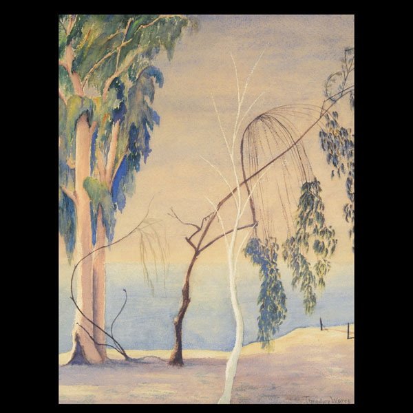 THEODORE WORES "Trees by the Water" Watercolor : THEODORE WORES (American 1860-1939) "Trees by the Water" Watercolor on paper. 16 x 12 inches/ 40.6 x 30.5 centimeters. Signed lower right "Theodore Wores" Frame: 18 x 14 inches/ 45.7 x 35.5 centimeter
