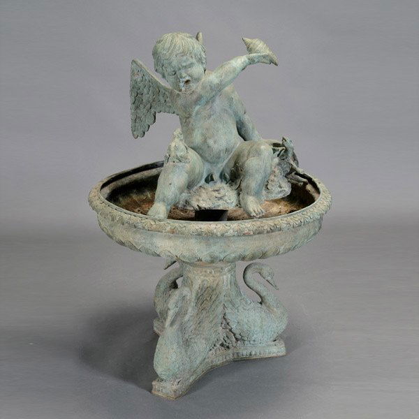 Louis XV Style Bronze Fountain with Putti: Louis XV Style Verdigris Patinated Bronze Figural Fountain, the circular basin, centering a young nude boy, seated on a mushroom head, balancing a frog on his plump leg, his body twisting leaning on a