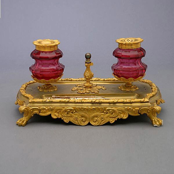 Louis XV Style Gilt Bronze Encrier: Louis XV Style Gilt Bronze Encrier with Cranberry Ink Pots; together with three pens {Dimensions of stand 8 x 12 1/2 inches}