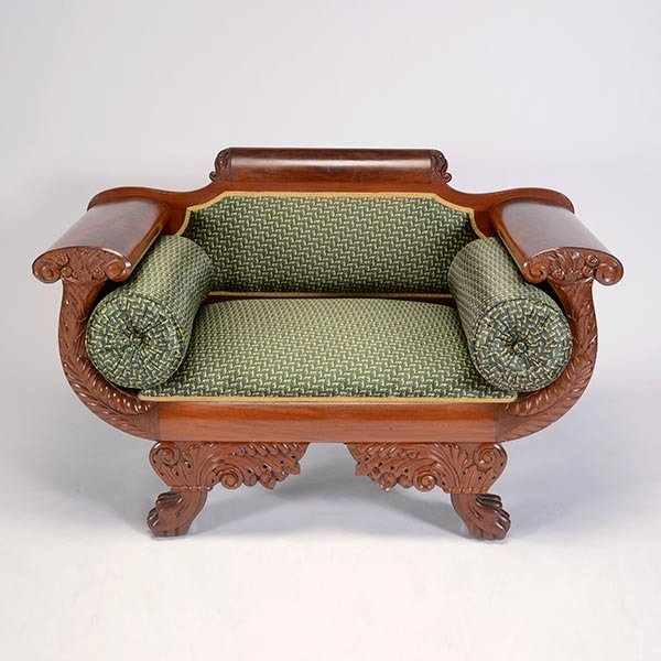 American Classical Revival Mahogany Settee,: American Classical Revival Mahogany Settee, with carved cornucopia arms and silk lion upholstery {Dimensions 34 1/2 x 53 x 24 inches}