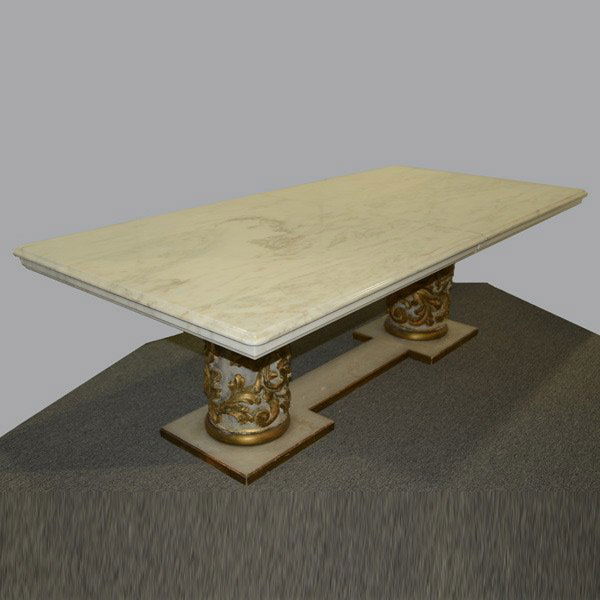 Italian Marble Top Pedestal Dining Table: Massive Italian Marble Giltwood Double Pedestal Base Dining Table in the Renaissance Taste, the contemporary outswept shaped white veined marble specimen top raised on an antique gilt painted double c