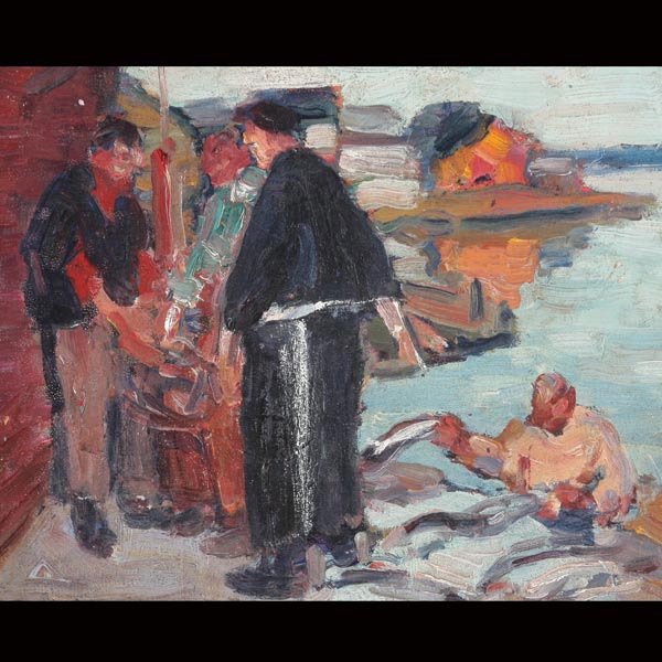 Attributed to SELDEN CONNOR GILE "The Fishmonger" : Attributed to SELDEN CONNOR GILE (American 1877-1947) The Fishmonger Oil on board 7.6 x 10 inches/ 19.3 x 25.4 centimeters Frame: 10.75 x 12.8 inches/ 27.3 x 32.5 centimeters PROVENANCE: Private Colle