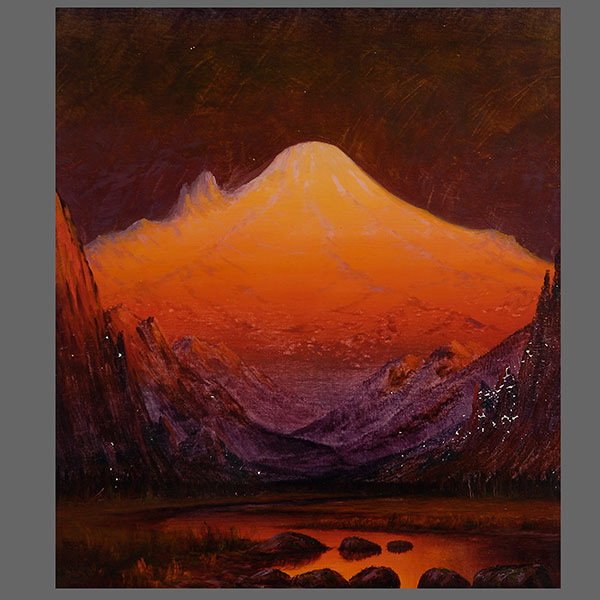 JAMES EVERETT STUART "Sunset Glow- Mt. Tacoma": JAMES EVERETT STUART (American 1852-1941) "Sunset Glow- Mt. Tacoma, Washington, 1910" Oil on canvas. 24 x 20 inches/ 61 x 50.8 centimeters. Numbered, signed & dated lower left "1595, J. E. Stuart, Sep