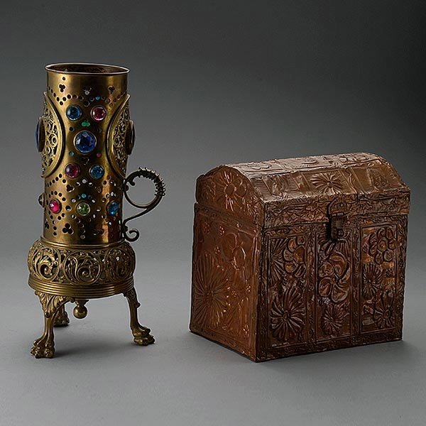 Copper Jewelry Casket and a Czech Brass Lamp: Repousse Copper Jewelry Casket With Velvet Lined Interior and a Czechoslovakian Brass Lamp {Height of lamp 12 1/2 inches}